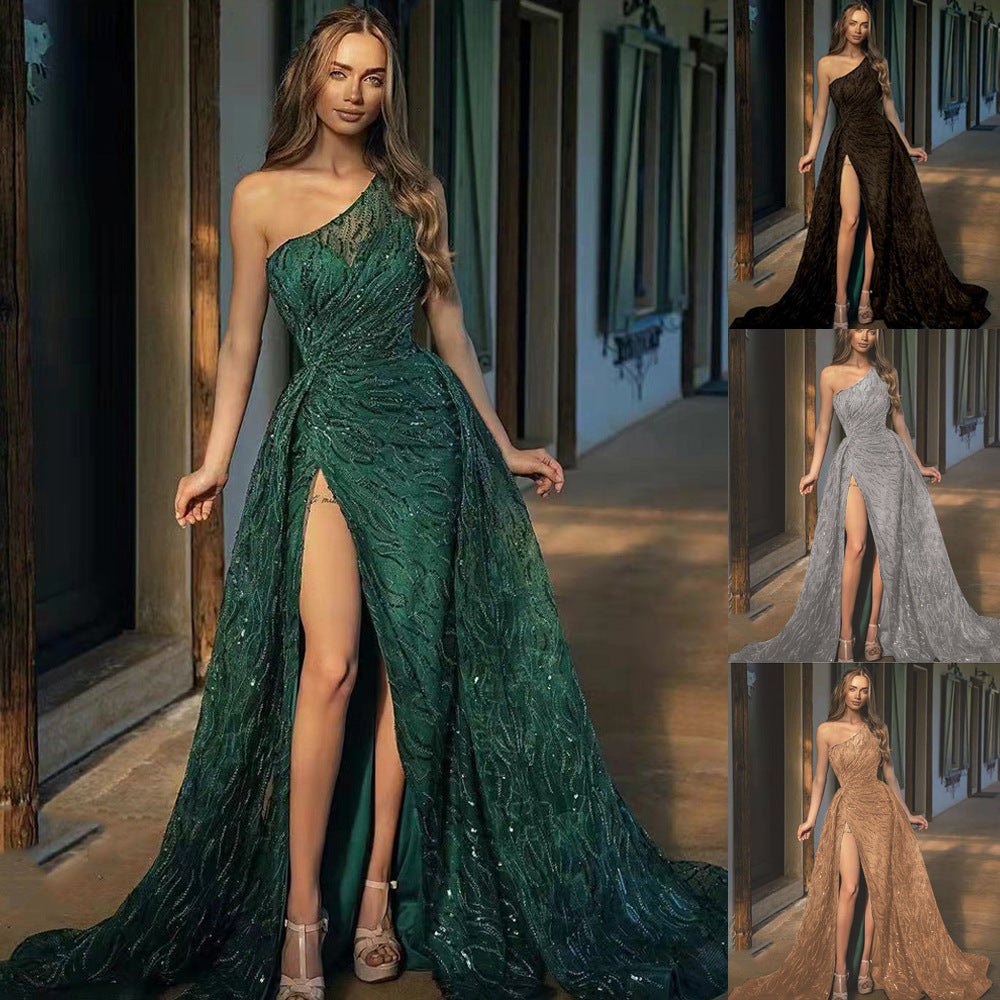 One-Shoulder Sequin High Slit A-Line Maxi Gown 6
