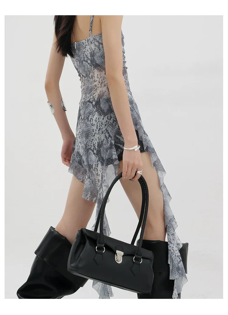Black Asymmetric Ribbon Strap Tank Top With Ruffle Edge Design