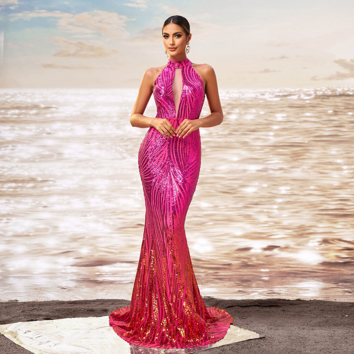 Pink Halter Neck Keyhole Sequin Mermaid Maxi Gown