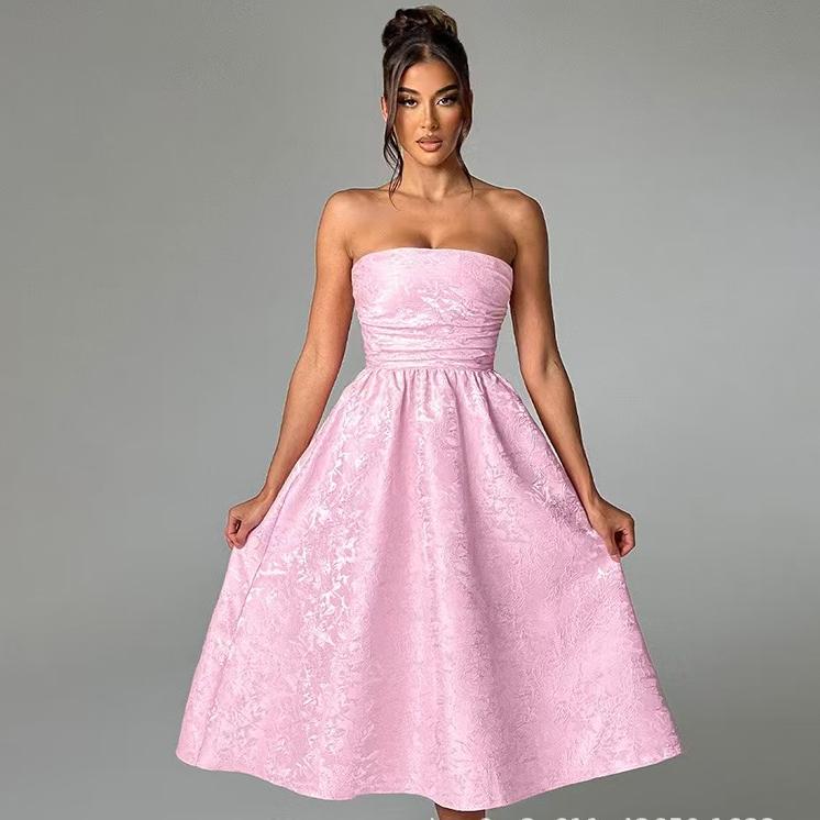 Strapless Jacquard Ruched Waist A-Line Midi Dress