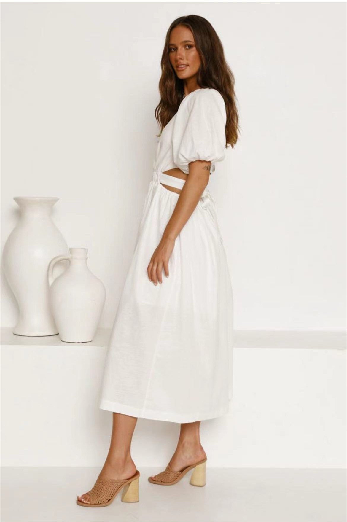 White V-Neck Puff Sleeve Waist Cutout Shirred A-Line Midi Dress 4