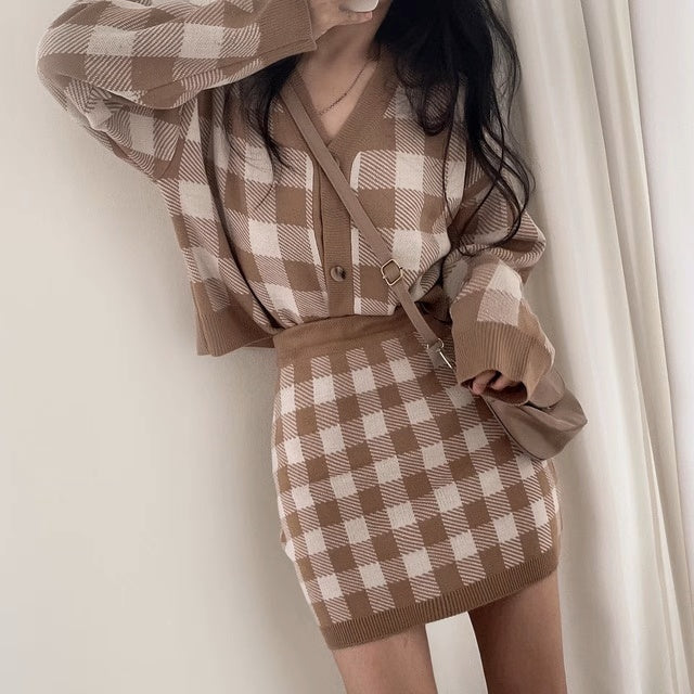 Checkered Wool Blend Button Cardigan And Skirt Set