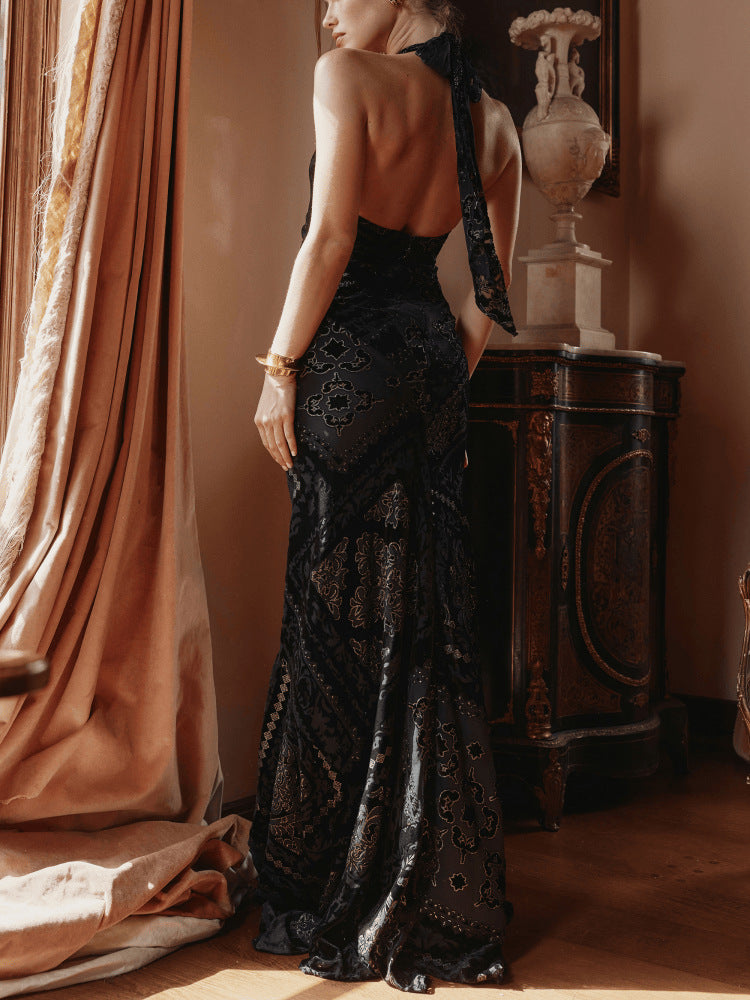 & Gold Devore Velvet Maxi Gown
