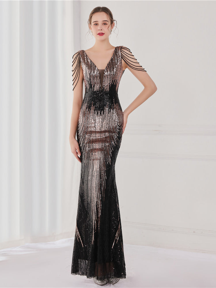 Sequin suspender evening dress