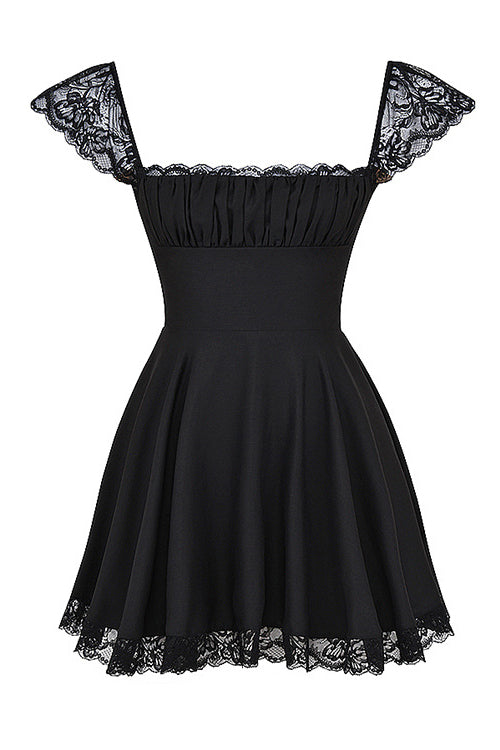 Black Square Neck Lace Cap Sleeve Ruched Fit And Flare Mini Dress