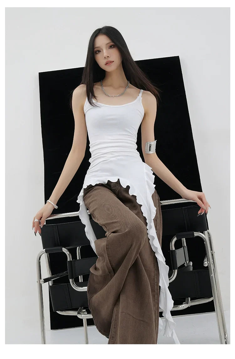 Black Asymmetric Ribbon Strap Tank Top With Ruffle Edge Design