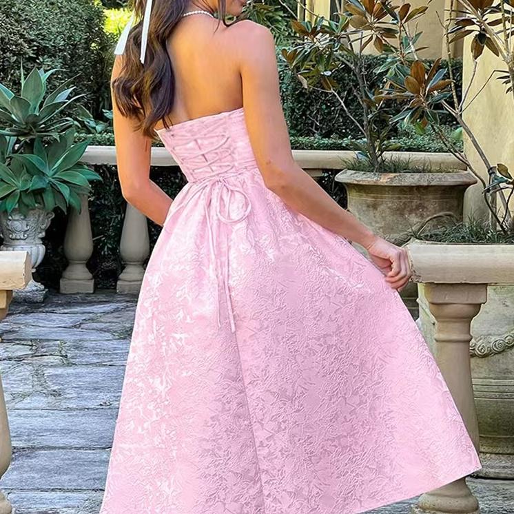 Strapless Jacquard Ruched Waist A-Line Midi Dress