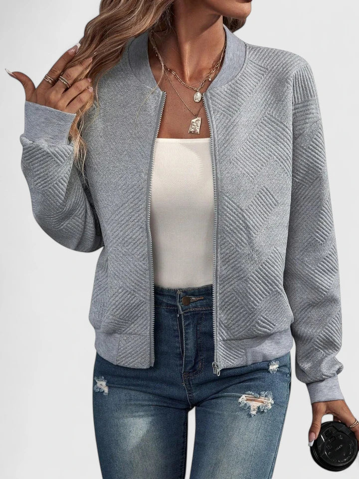 Stand Collar Textured Knit Zip Front Long Sleeve Bomber Jacket