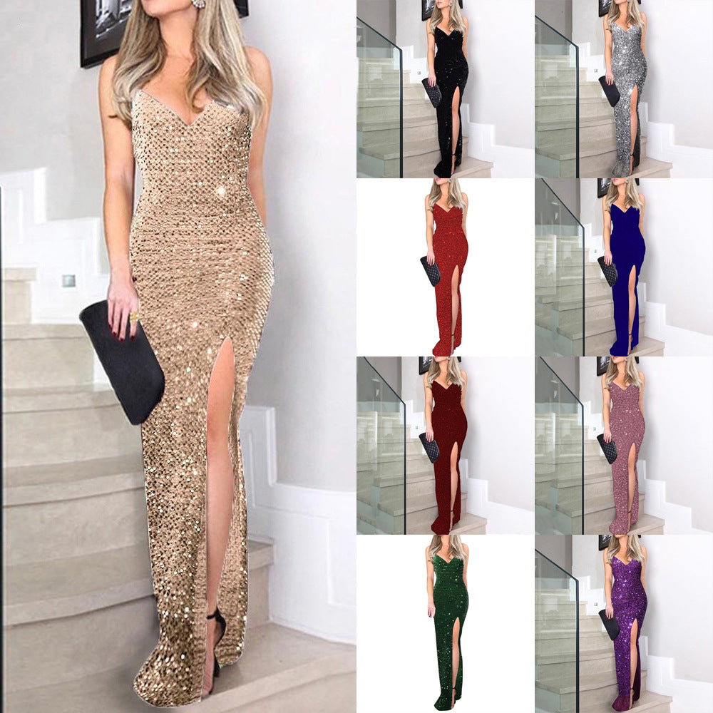 V-Neck Spaghetti Strap Sequin High Slit Bodycon Maxi Dress