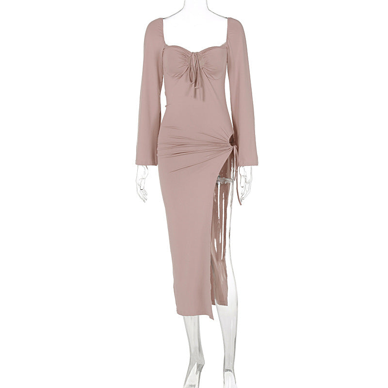 Long Sleeve Lace Up Slim Fit Backless Hollow Out Cutout Split Dress