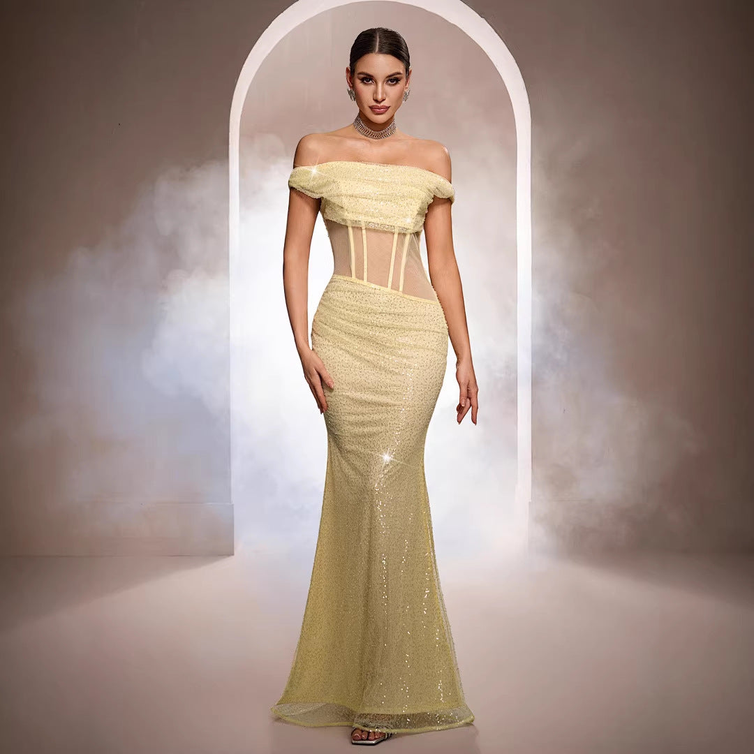 Women Clothing High Grade Sleeveless off Neck Sheath Cocktail Sequined Fishtail Evening Dress