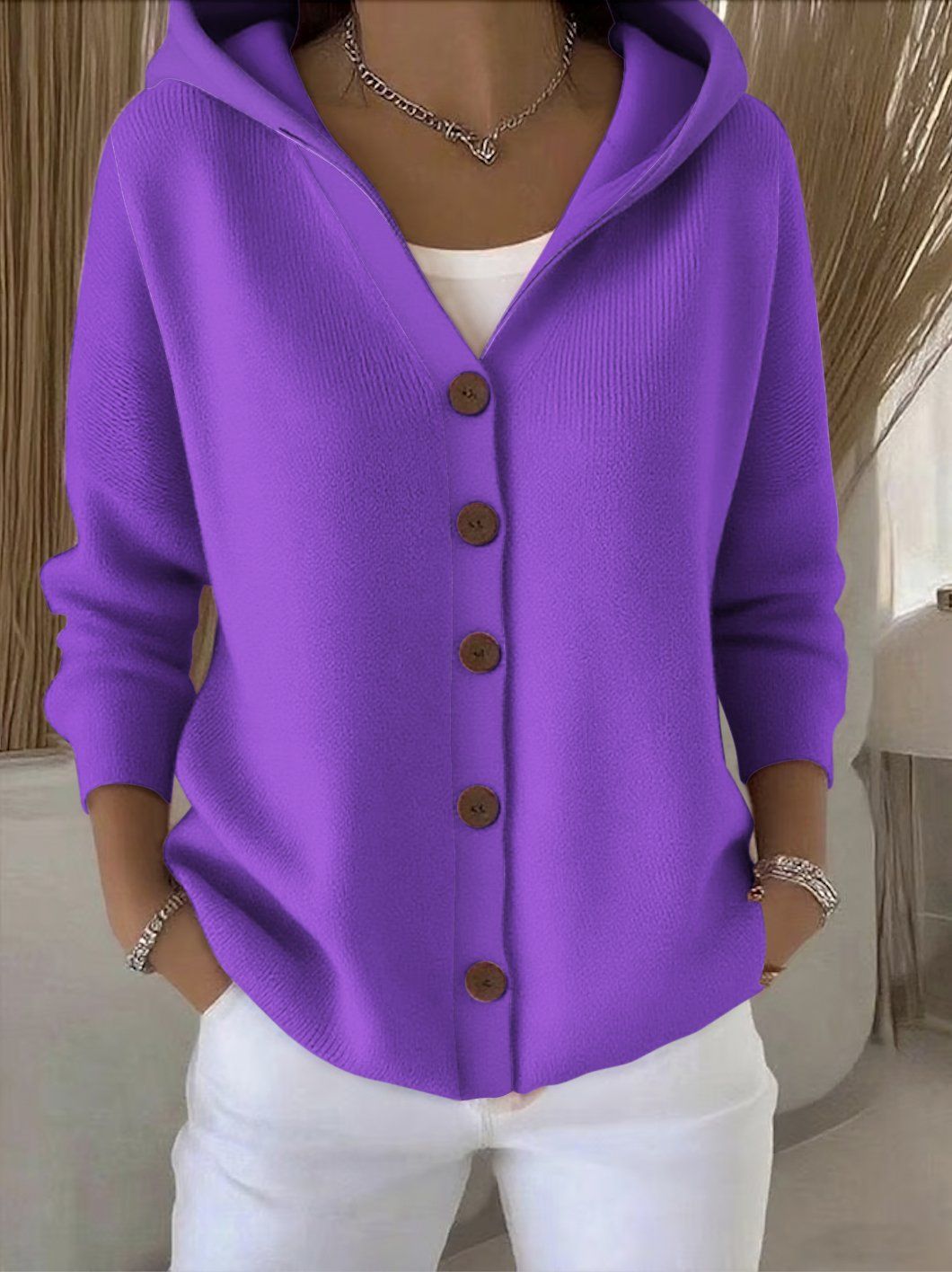 Hooded Knit Button Front Long Sleeve Cardigan 7
