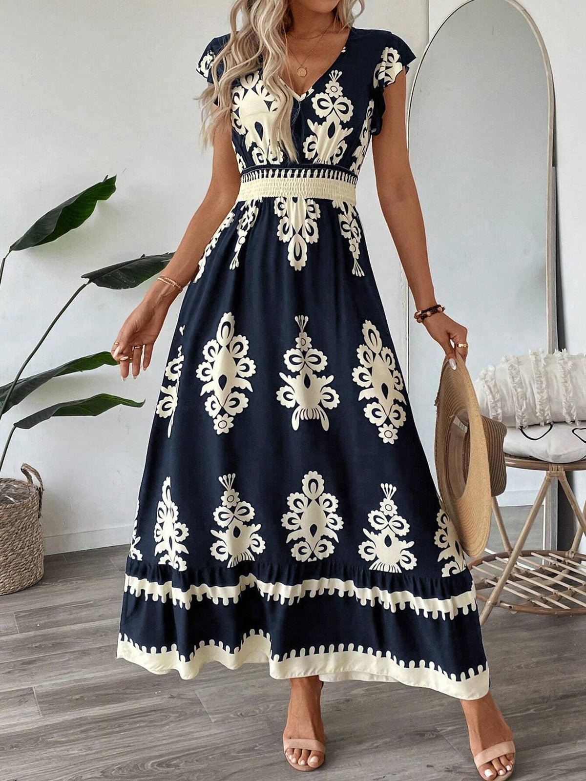 V-Neck Baroque Print Flutter Sleeve Smocked Waist Ruffle Maxi Dress