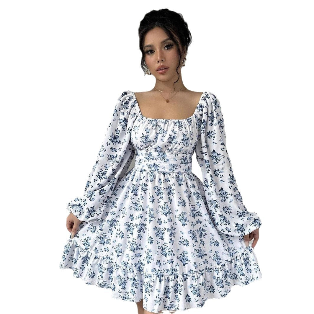 Karen Aesthetic Women's Floral Dress with Balloon Sleeves and Gathered Waistband Premium Wardrobe Essential