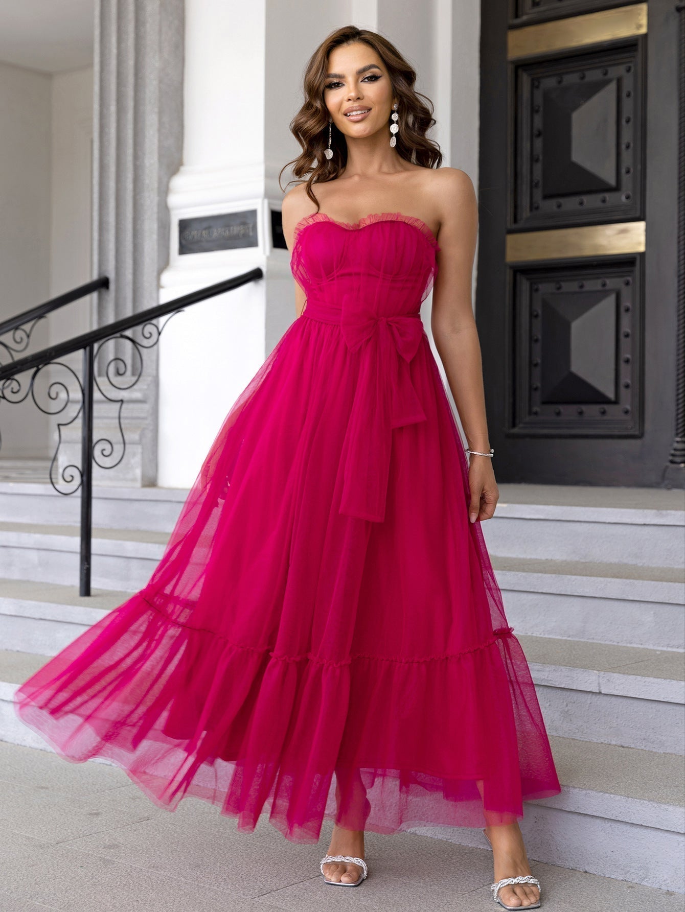 Mesh Dress Lace up Dress Ruffled Tied Mesh Straight