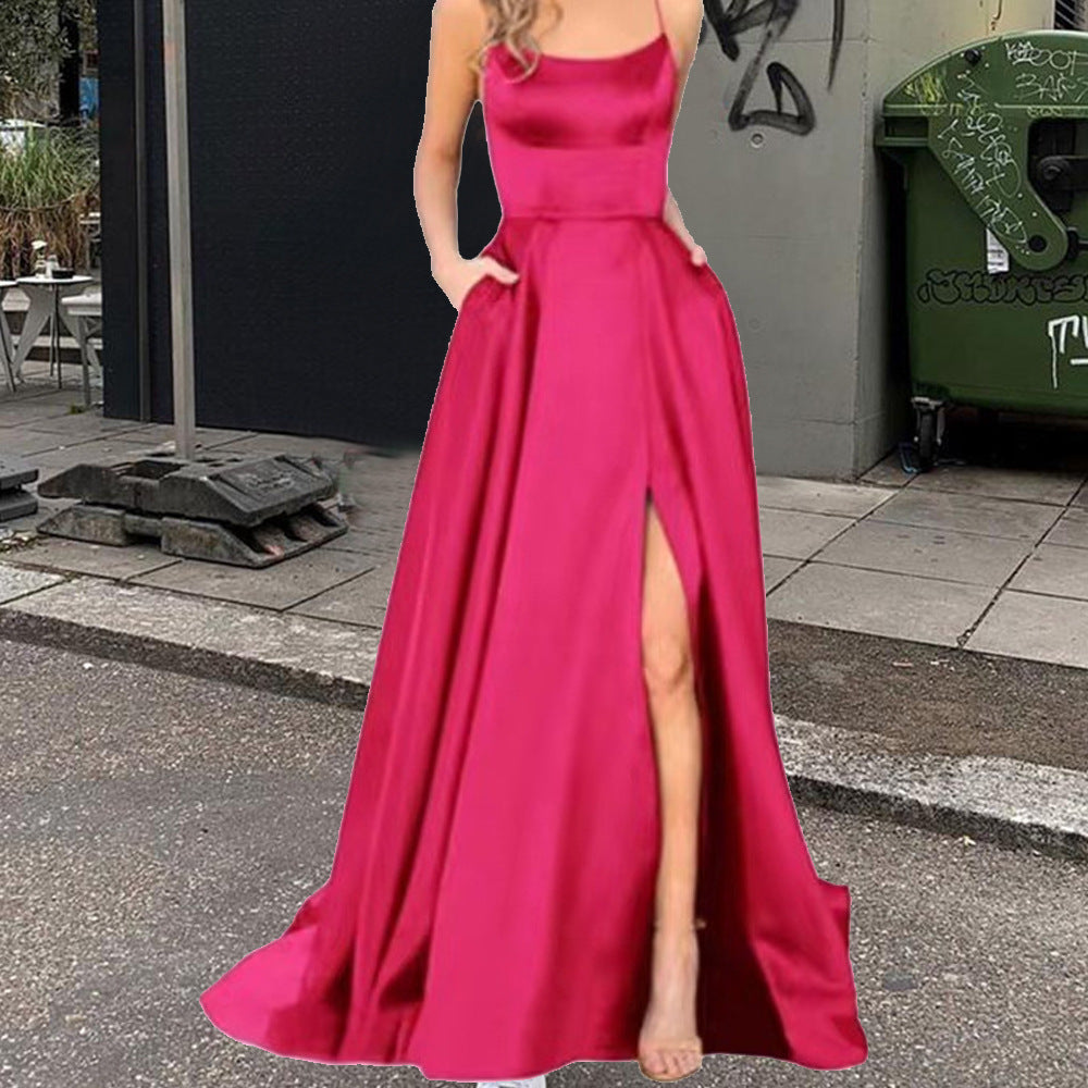 Spaghetti Strap Scoop Neck Satin High Slit A-Line Maxi Gown