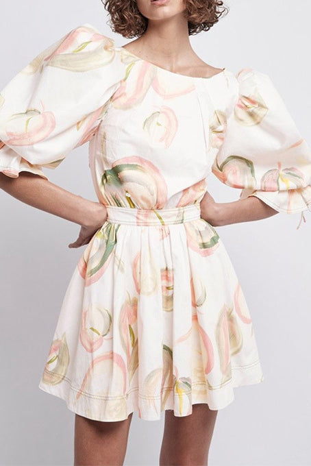 White Square Neck Puff Sleeve Floral Print Fit and Flare Mini Dress