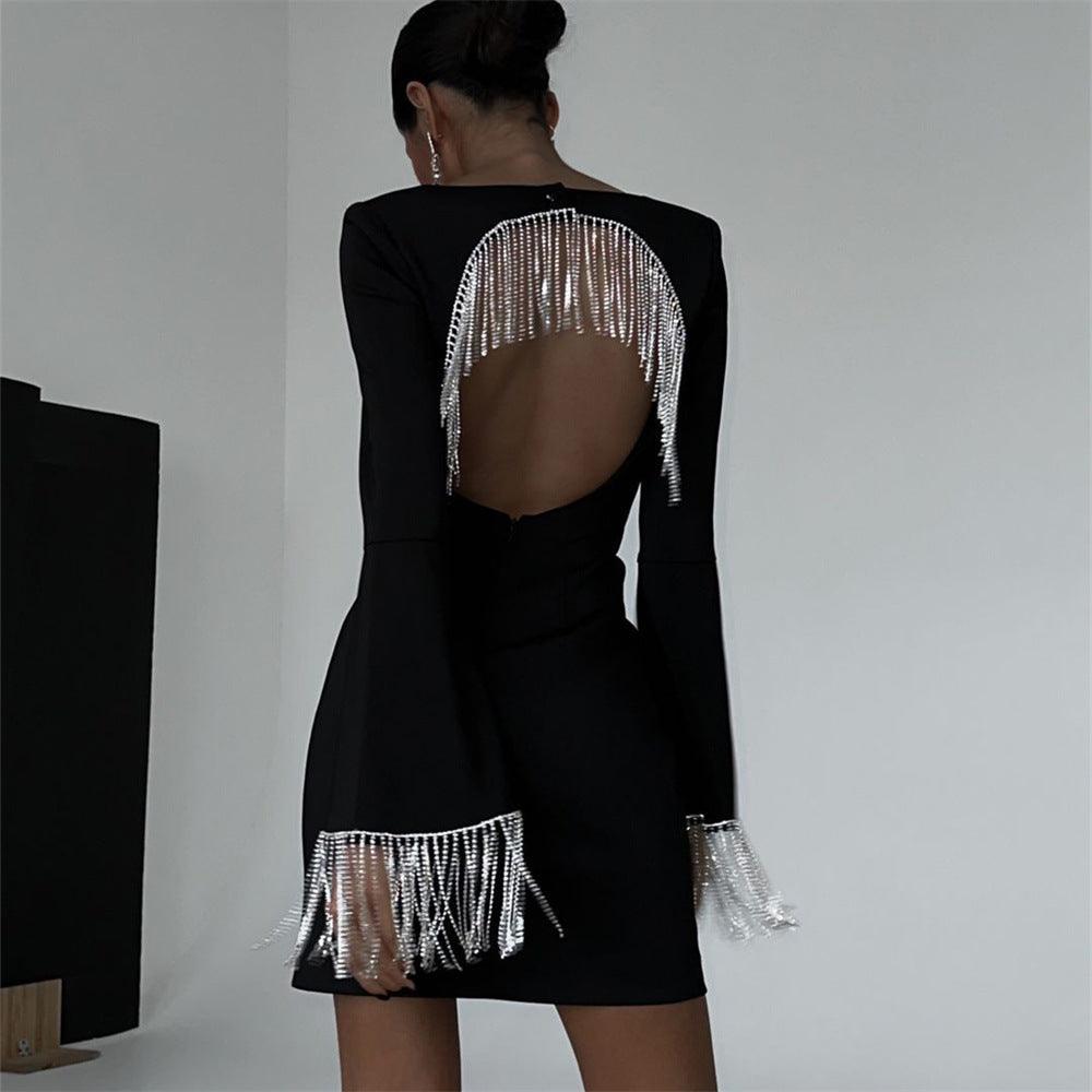 Black Long Sleeve Rhinestone Fringe Backless Bodycon Mini Dress