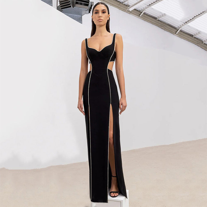 Tight Bandage One Piece Dress Split Sleeveless Drilling Diamond Cropped Outfit Dress