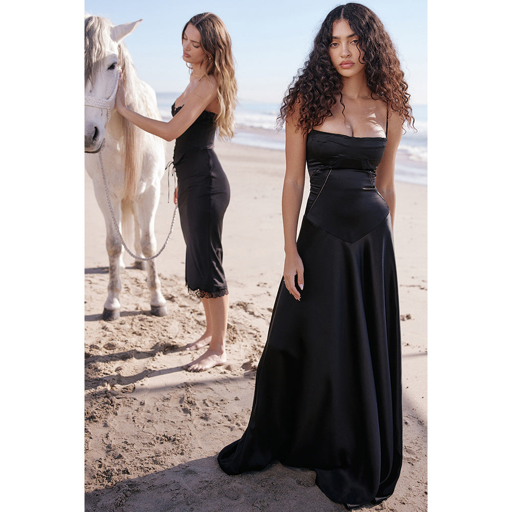 Black Square Neck Pintuck Satin Lace-Up Back Slip Maxi Dress