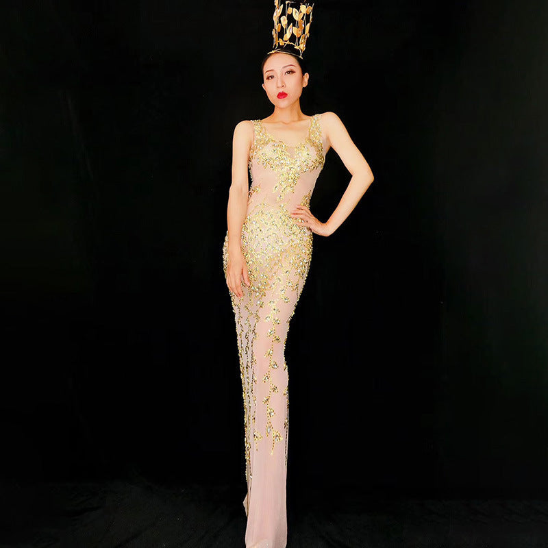 Floral Scoop Neck Rhinestone Beaded Sheer Mesh Mermaid Maxi Gown
