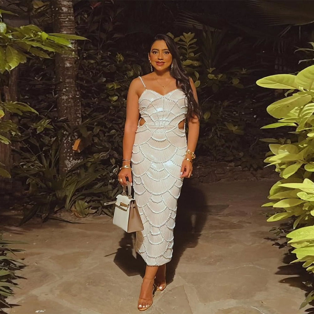 Spaghetti Strap Pearl Beaded Scallop Cutout Bodycon Midi Dress