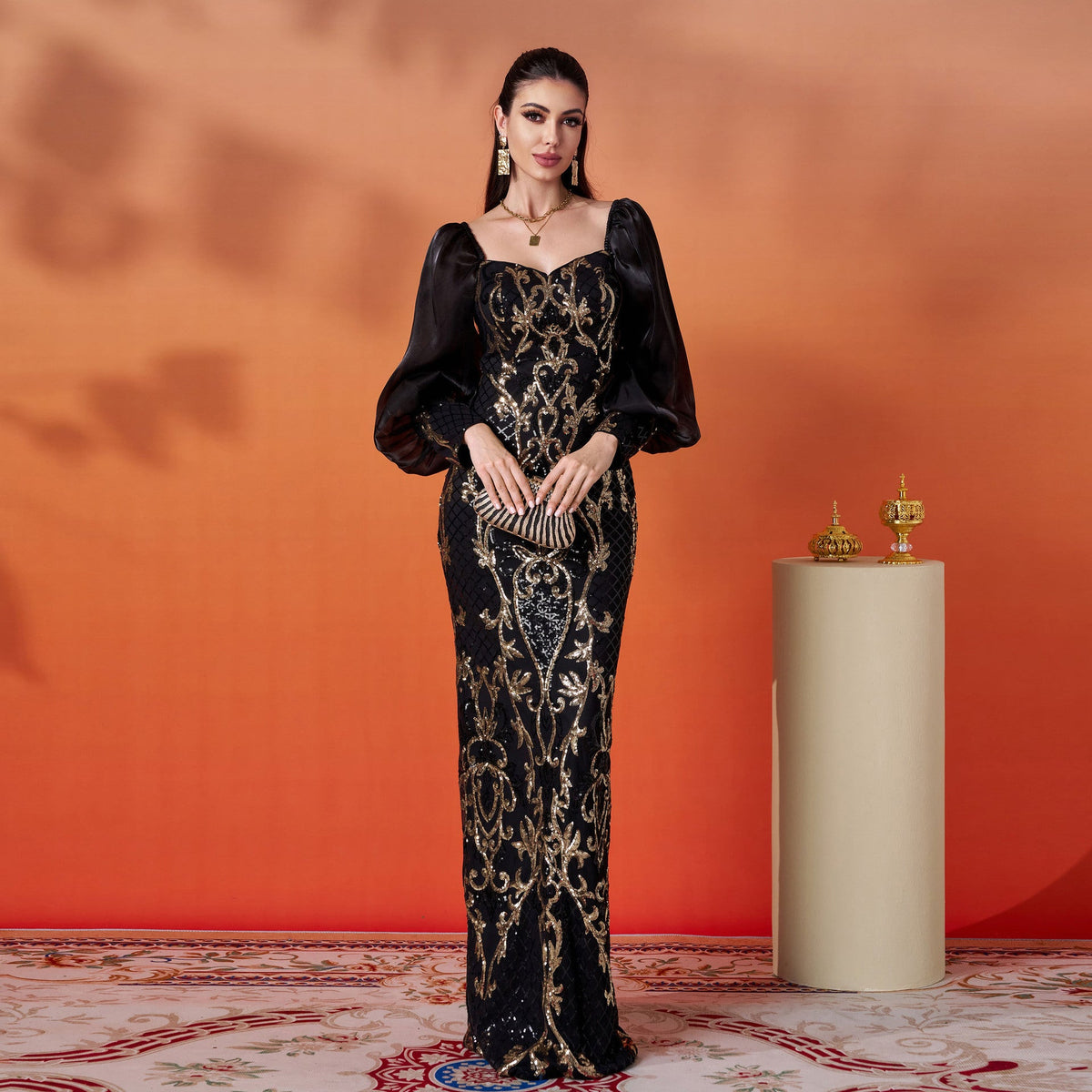 Black Sweetheart Neck Puff Sleeve Baroque Sequin Mermaid Gown
