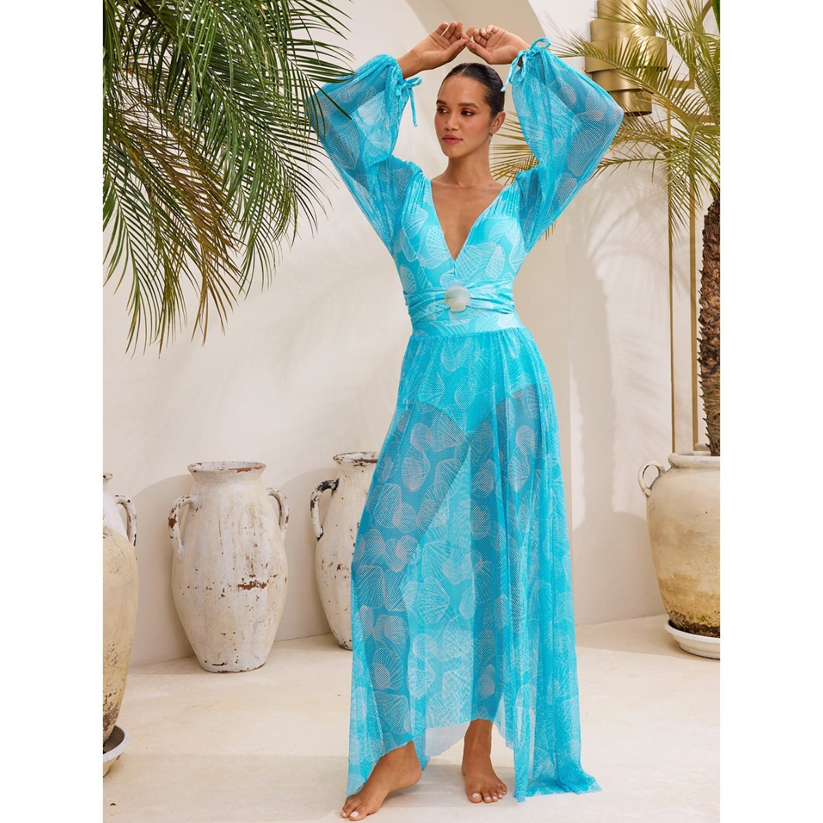 Women Swimsuit V neck Mesh Long Sleeve Glossy Shell Printed One Piece Swimsuit Two Piece Set