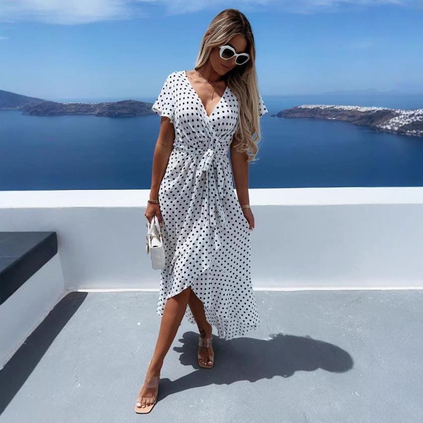 Yolanda Chic Women's Asymmetrical Maxi Dress with Dots and Low Waist Elevated Occasion Wear