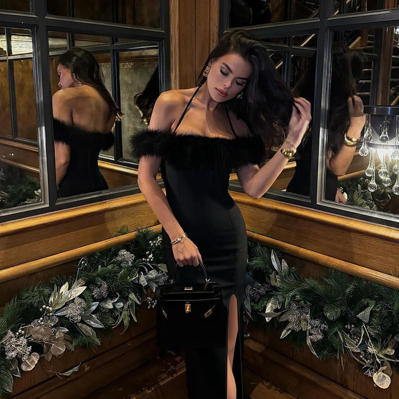 Black Off-Shoulder Feather Trim Halter High Slit Bodycon Maxi Dress