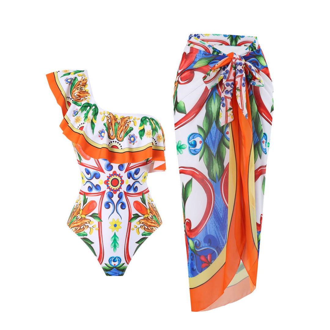 Bikini One Shoulder Ruffled One Piece Swimsuit Women Conservative Skirt Swimsuit