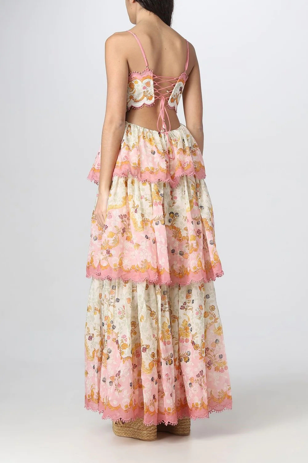 Spaghetti Strap Floral Scalloped Cutout Tiered Midi Dress 4