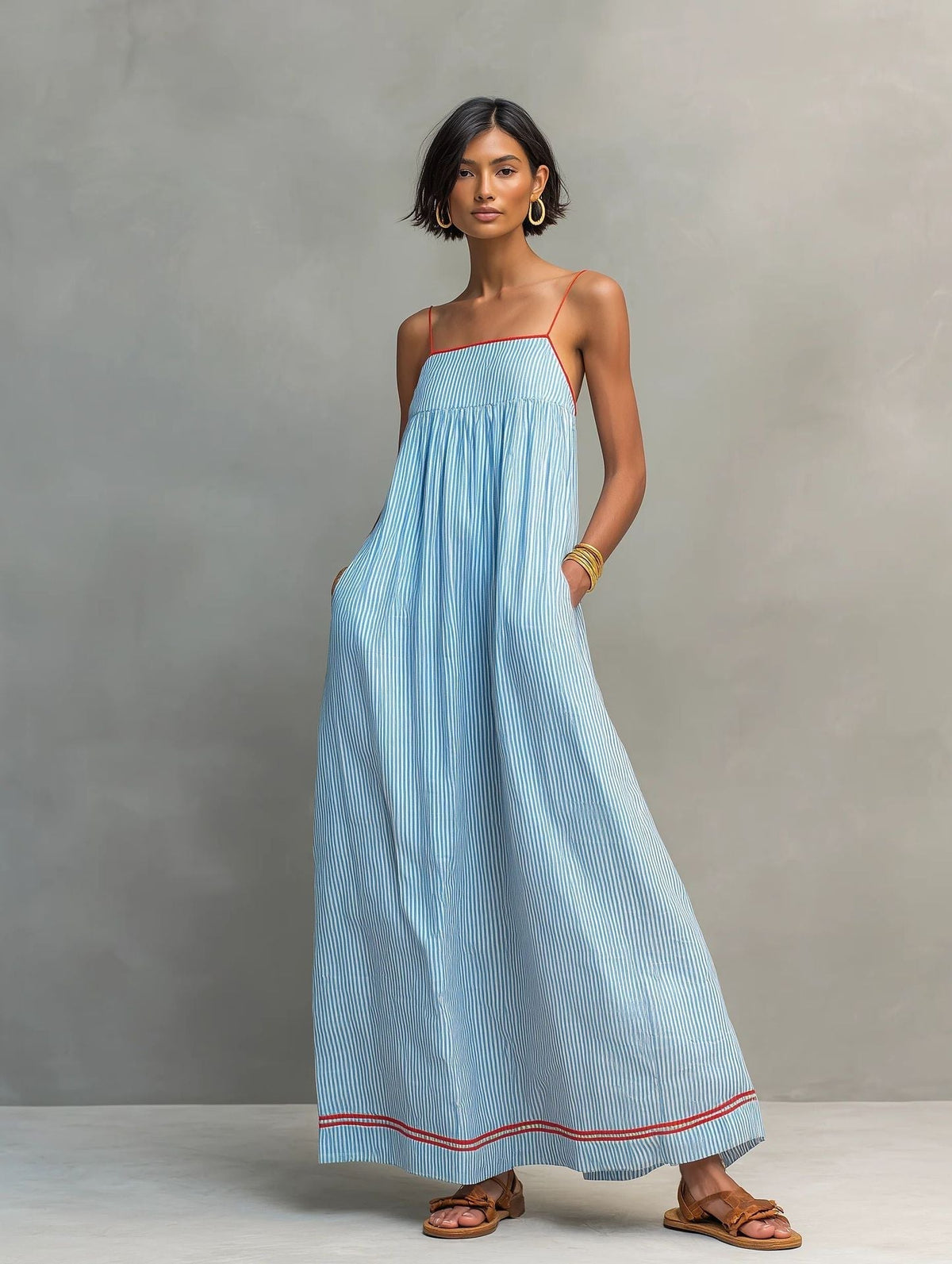 Spaghetti Strap Striped Contrast Trim Flowy A-Line Maxi Dress