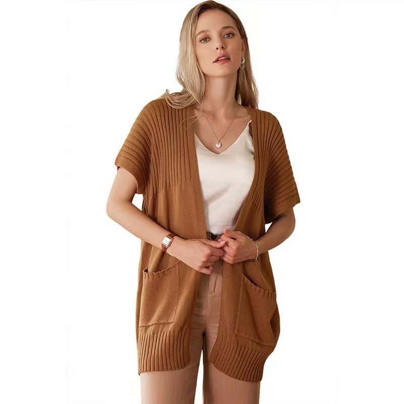 Open Front Ribbed Knit Short Sleeve Patch Pocket Cardigan