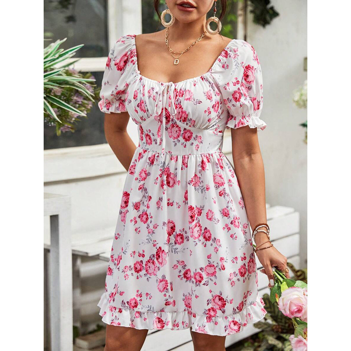 Tatiana Chic Women's Floral Basic Dress with Puff Sleeves and Adjustable Neckline Boutique Collection