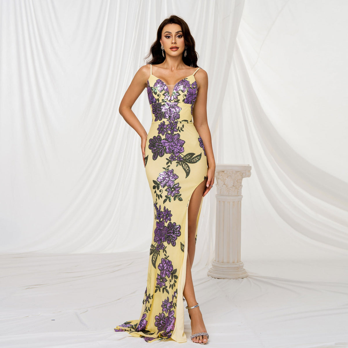 Yellow Spaghetti Strap Plunge Floral Sequin High Slit Mermaid Gown