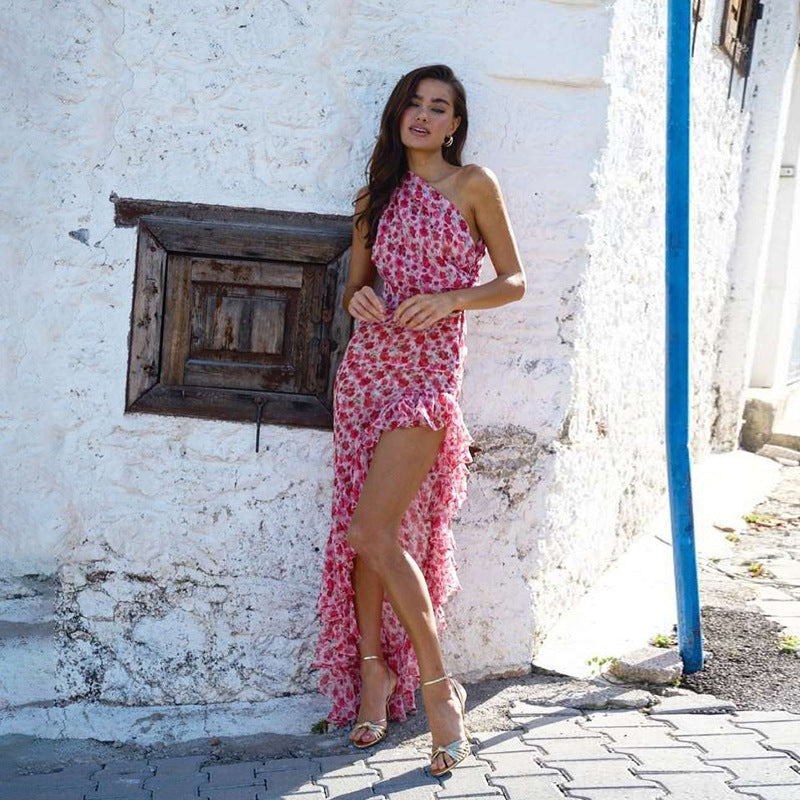 French Small Floral Oblique Shoulder Dress Side Split Tied Dress