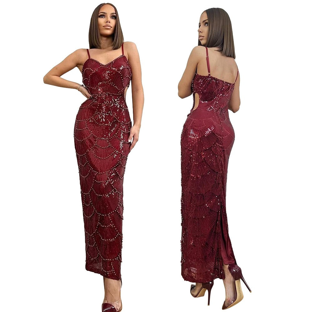 Spaghetti Strap Pearl Beaded Scallop Cutout Bodycon Midi Dress 6