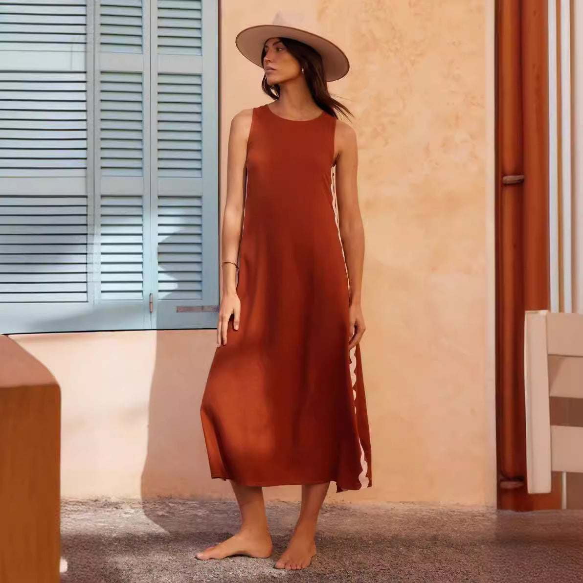 Casual Round Neck Vest Solid Color Lace Stitching Mid Length Dress