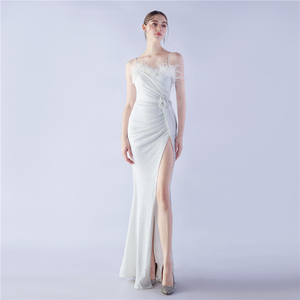 Spaghetti Strap Feather Trim Sequin High Slit Mermaid Gown 2