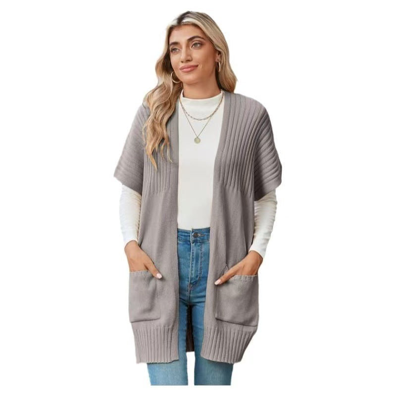 Open Front Ribbed Knit Short Sleeve Patch Pocket Cardigan