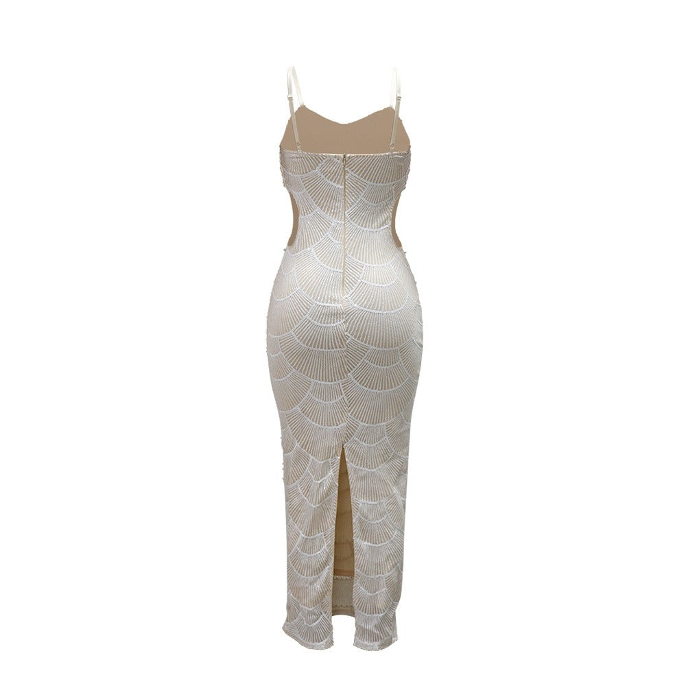 Spaghetti Strap Pearl Beaded Scallop Cutout Bodycon Midi Dress 9