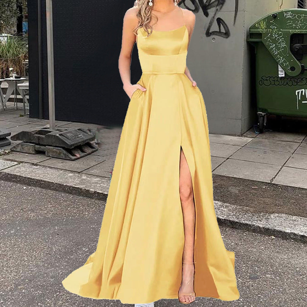 Spaghetti Strap Scoop Neck Satin High Slit A-Line Maxi Gown