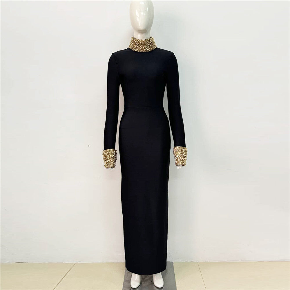 Diamond Bead Long Sleeve Bandage Dress Backless Party Cocktail Dress