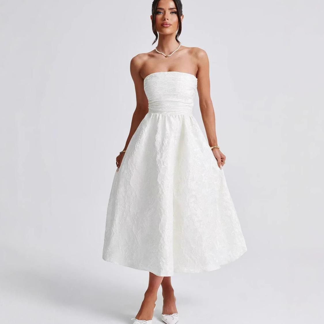 Strapless Jacquard Ruched Waist A-Line Midi Dress