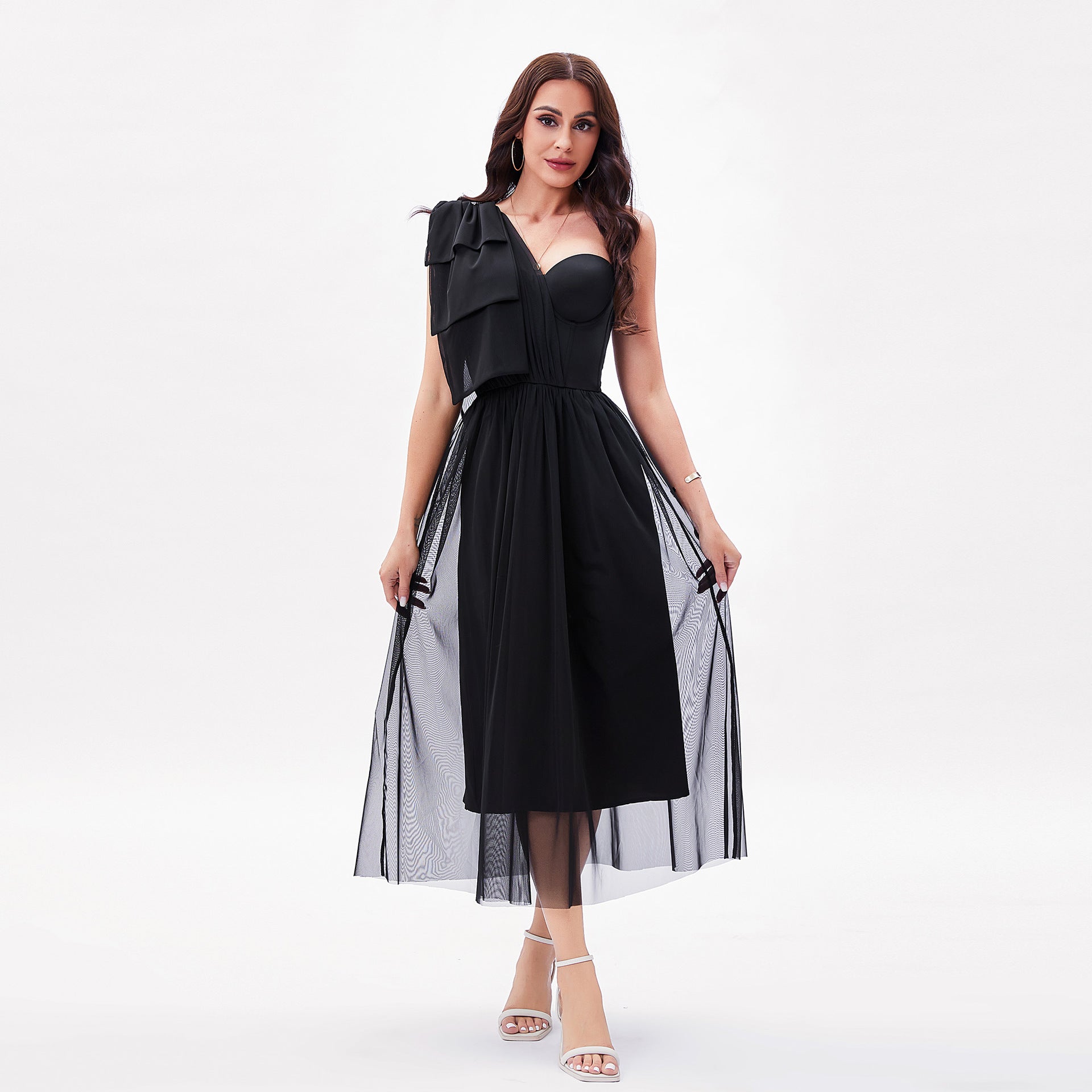 Boning Corset Tight Waist One Shoulder Fairy Gauze Dress Large Swing Elegant Maxi Dress