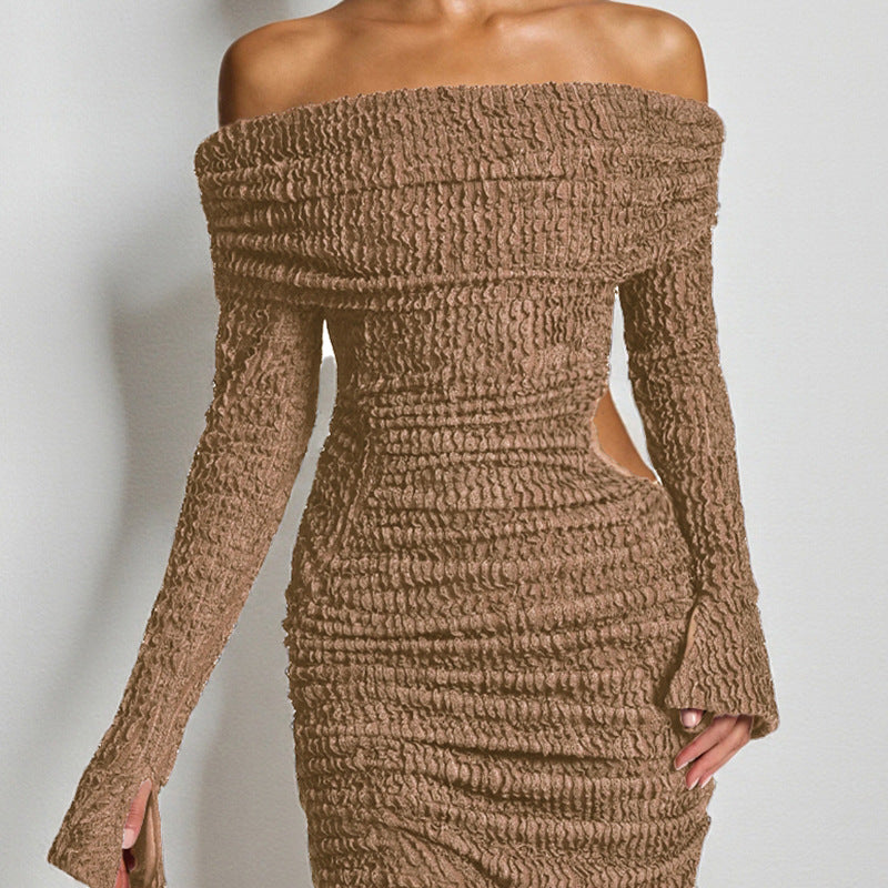 Beige Off-Shoulder Long Sleeve Textured Cutout Bodycon Midi Dress