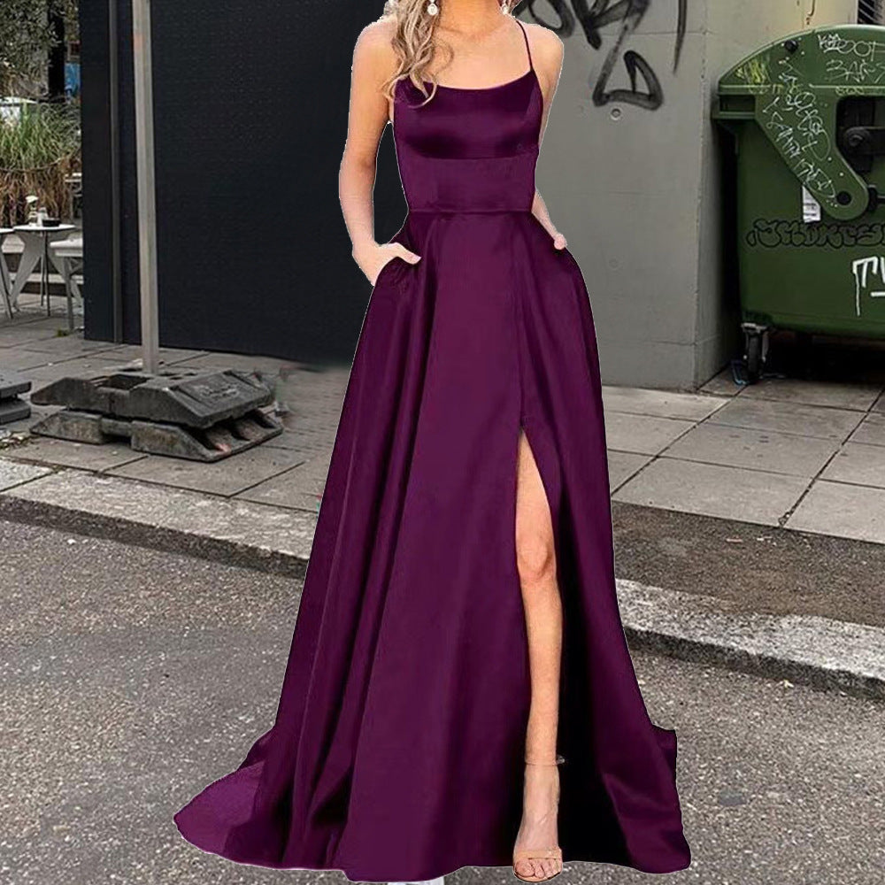 Spaghetti Strap Scoop Neck Satin High Slit A-Line Maxi Gown