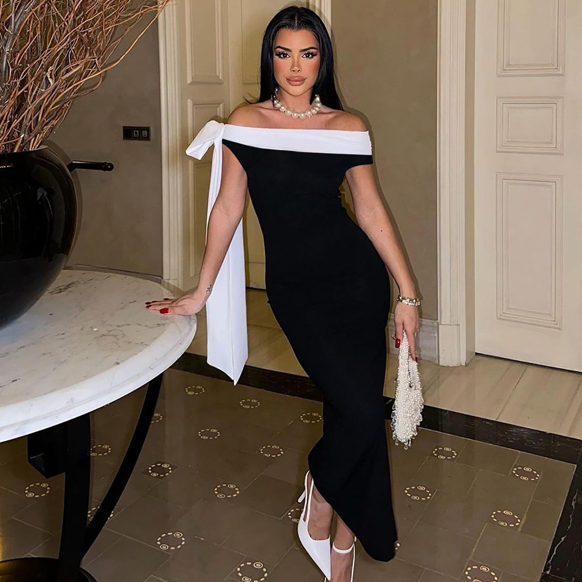 off Shoulder Ribbon Slim Solid Color Dress