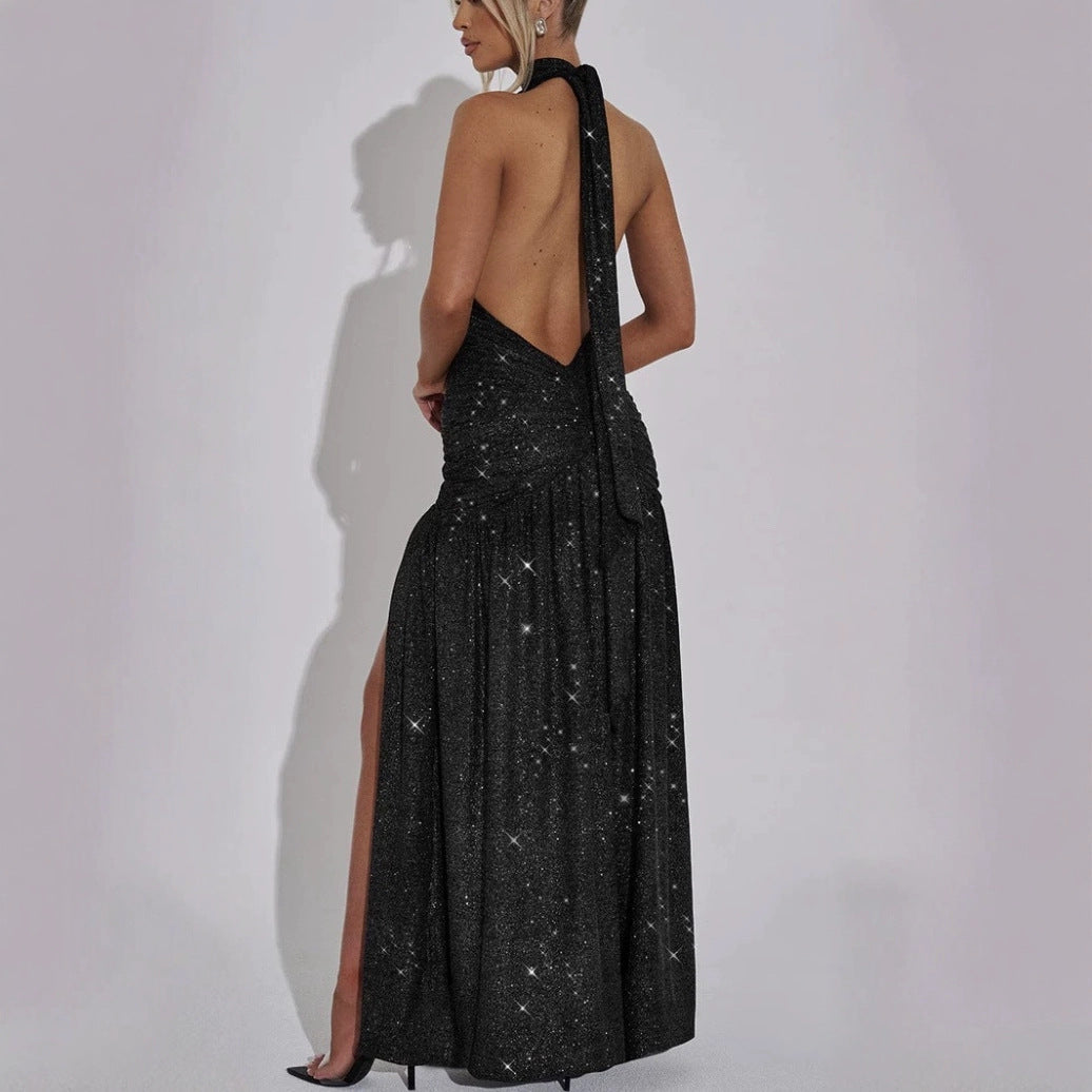 Halter Choker Neck Deep Plunge Glitter Ruched High Slit Maxi Dress